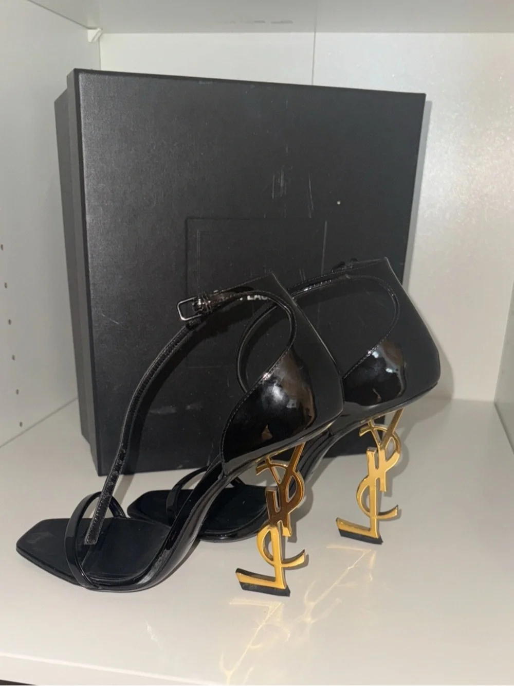 Saint Laurent Black Patent Leather Stiletto Sandals with Gold Accent - Picture 7 of 9